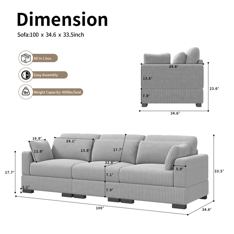 Canapé moderne rembourré en velours côtelé de 130 po, H 33,5 po x l 100 po x P 34,6 po, 3, Velours côtelé gris Perola