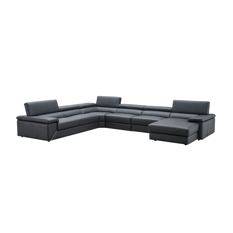 Leather Sectional, Right Hand Facing, Blue/Gray Genuine Leather