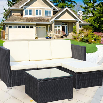 Ensemble de 5 meubles de patio : PE, coussins beiges, table basse :