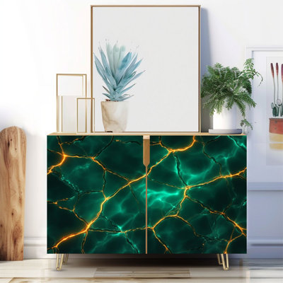 Buffet étroit de 35,4 po de largeur - armoire de rangement d'appoint à 2 portes avec imprimé de marbre émeraude vert brillant et pieds en métal