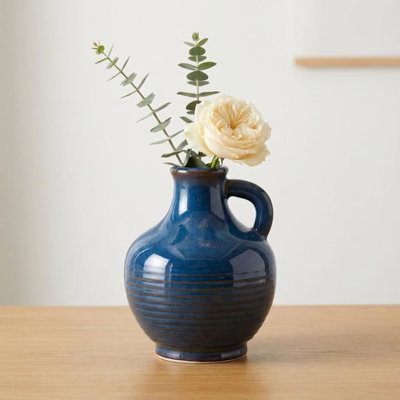 Blue Ceramic Vase with Handle, 6-Inch