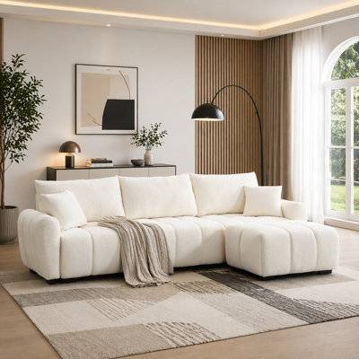 Canapé modulaire en L de 110 po avec repose-pieds mobile, canapé Bouclé avec assise très profonde, mousse haute densité et structure en bois et métal