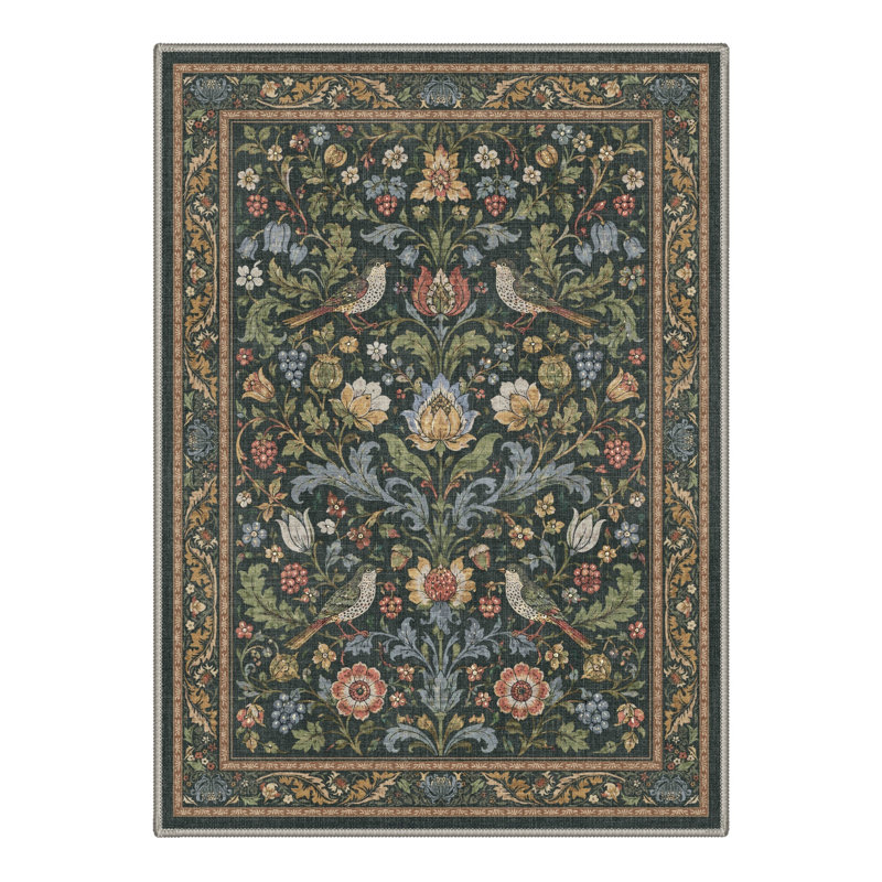 Tapis floral vert / brun lavable à la machine avec envers antidérapant, Rectangle 6 pi x 9 pi