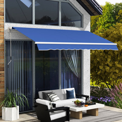 12' X 10' Patio Awning Retractable , & Water- 280g/m² Fabric, Manual Crank, Aluminum Frame For Deck, Patio, Yard, Dark Blue Awning, 10', Balcony