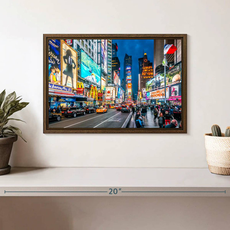 Iconic NY Times Square, 13 po x 9 po, Cadre flottant noyer