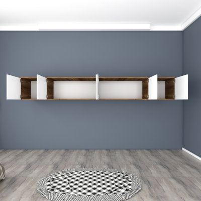 Modern Wall Cabinet, Walnut & White, 95.7 x 17.7 x 19.0 inches | 100% Melamine Coated E1 Quality Chipboard, Thickness: 0.7 inches | Numerous Shelves & Additional Storage, Perfect for Contemporary Home Décor
