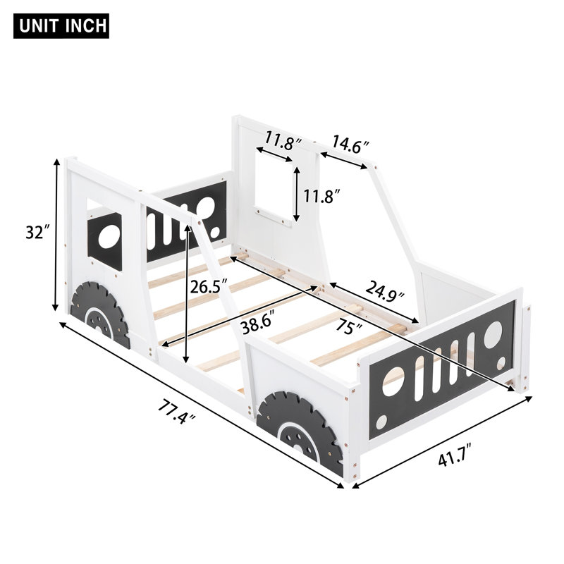 Lit plateforme simple en forme de voiture avec roulettes, cadre en bois de pin blanc pour tout-petits, Blanc/Noir