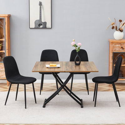 Versatile Lift Table With Linen-cotton Chairs | Natural Grain Mdf & Black Metal Elegance | Perfect For Dining, Study, Or Bar Settings