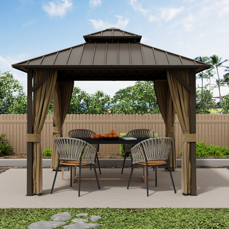 10 x 10 ft Hardtop Gazebo, Outdoor Aluminum Frame Galvanized Steel Double Roof Pavilion With Netting And Shaded Curtains, Permanent Metal Pergolas For Patio, Backyard, Deck And Lawns.