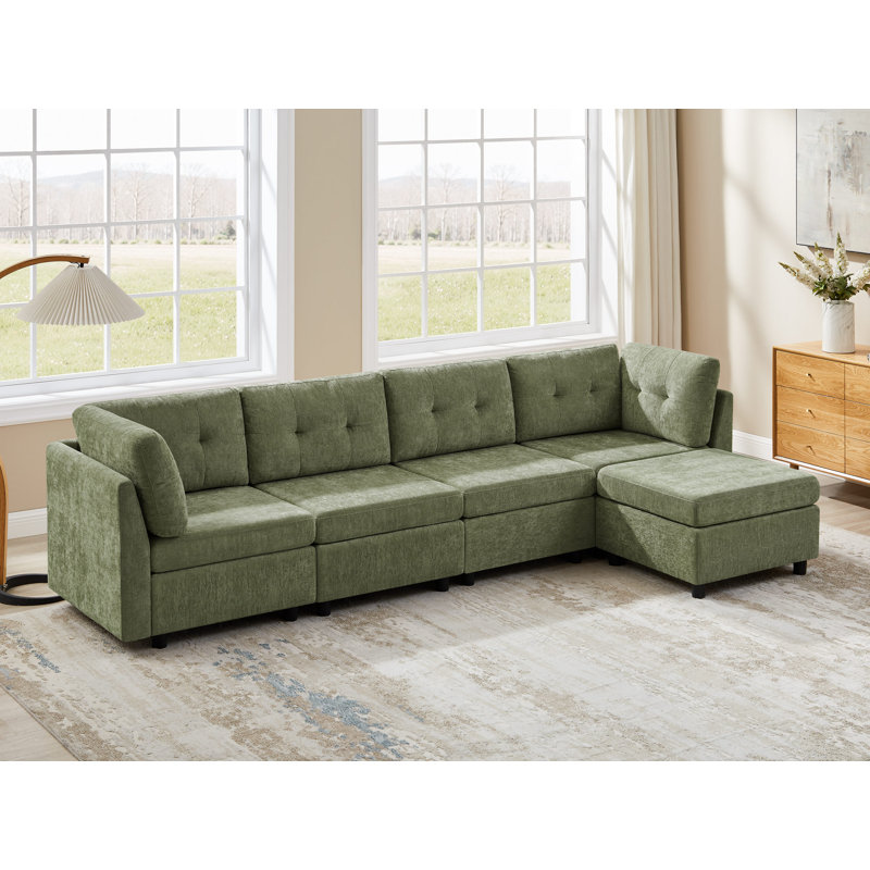 Chenille Upholstered Sectional Sofa Couch With Ottoman, Green Polyester