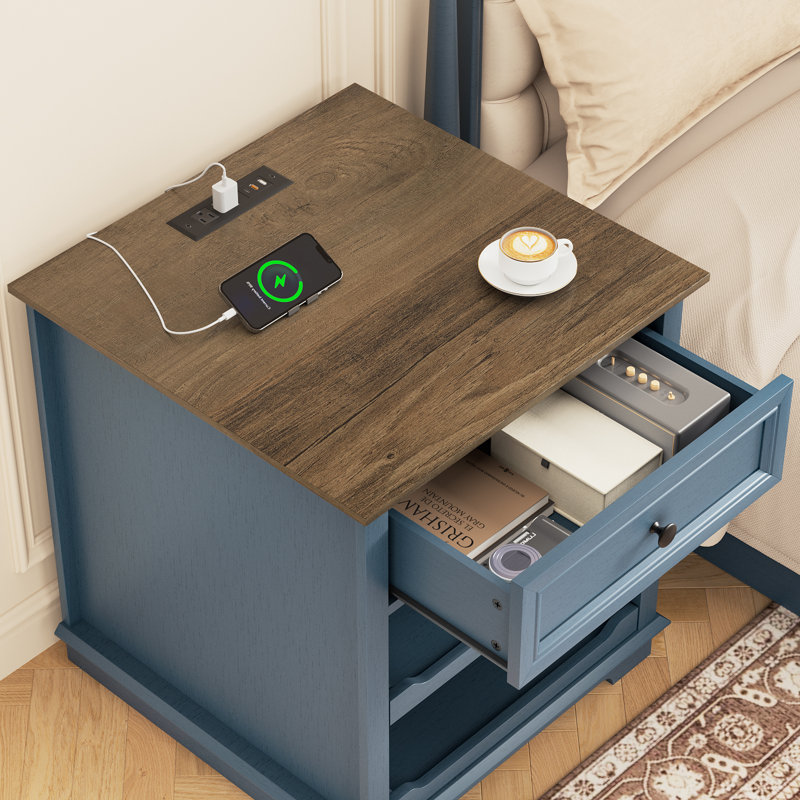  Tray Nightstands with Storage and Built-in Outlets for Bedroom,Living Room,Office,1 Drawer Bedside Table,Night Stands