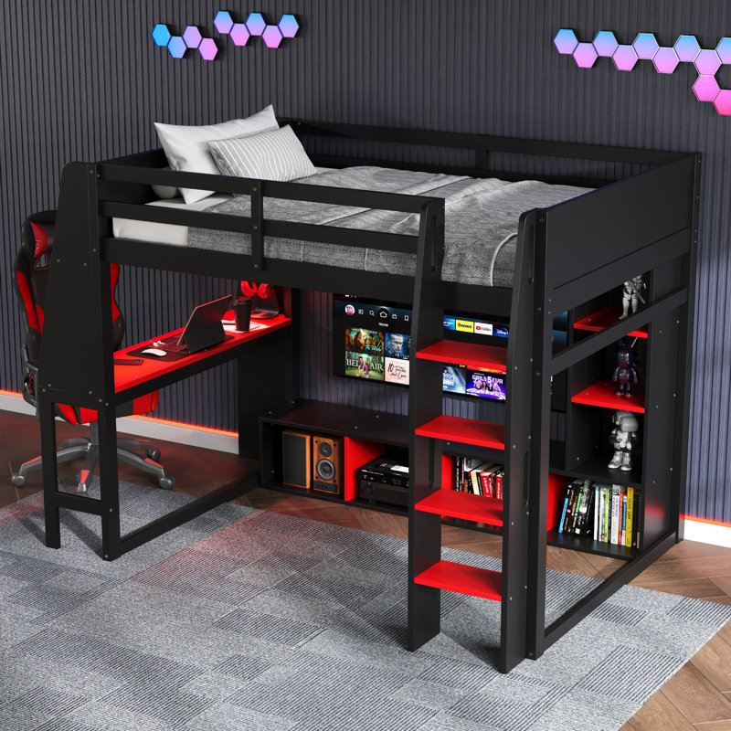  Twin Gaming Loft Bed with Desk, Hanging Rack and LED Lights, Black and Red, Twin