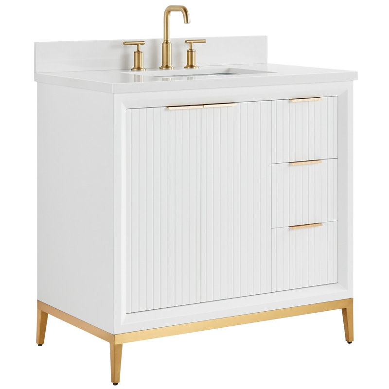 Bungalow 36" Freestanding Standard Single Bathroom Vanity with Top, White/Gold