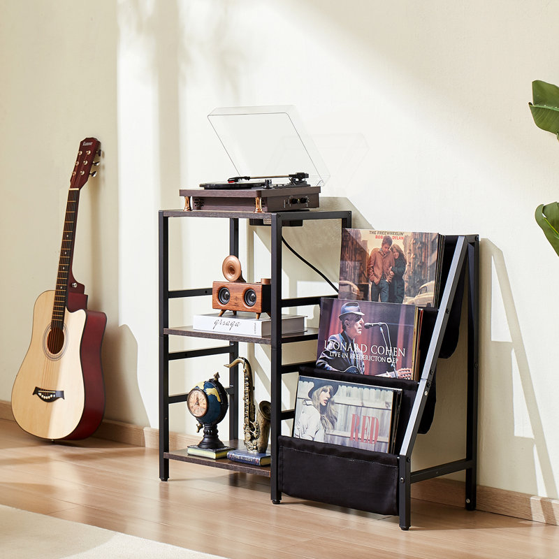 Support pour platine vinyle avec station de recharge et ports USB, pouvant contenir jusqu'à 200 disques, meuble à 3 niveaux avec rangement pour vinyles, table d'exposition pour chambre ou salon.
