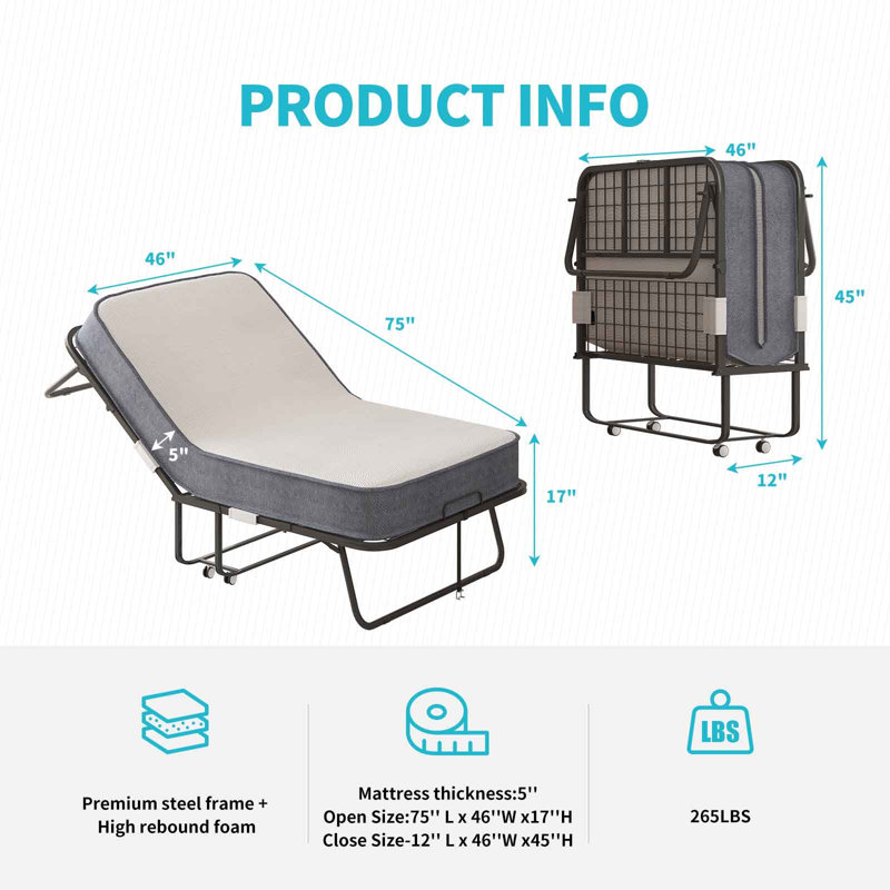 W46" Portable Folding Rollaway Bed With 5 Inch Mattress & Lockable Wheels, Twin XL