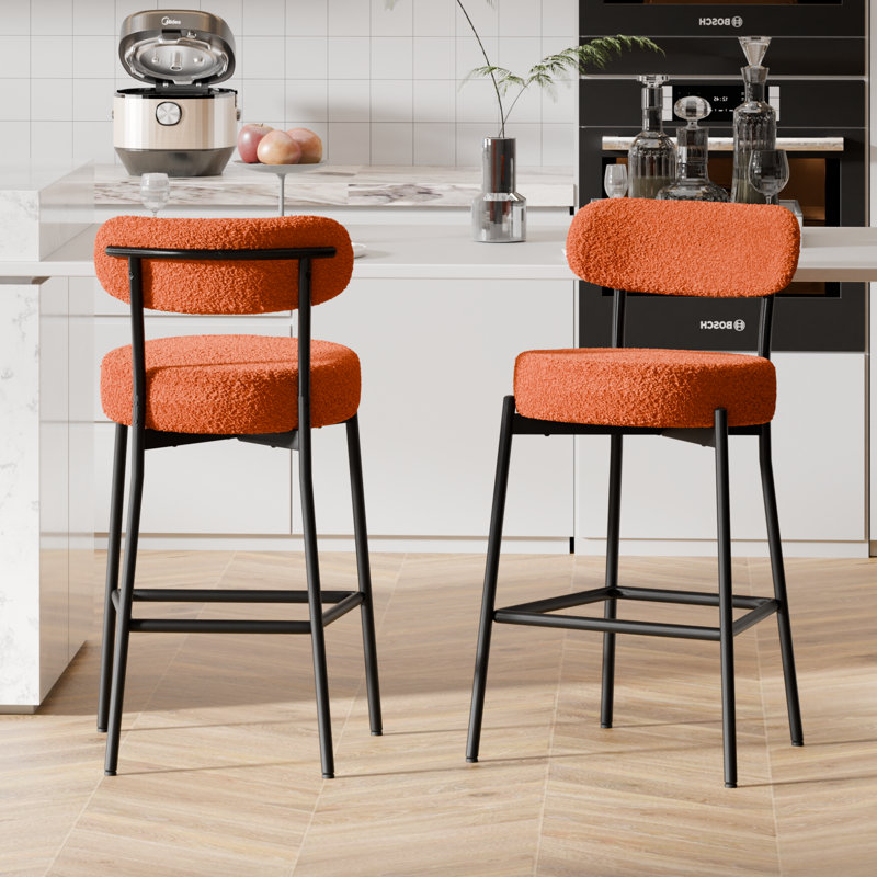 Sherpa Counter Height Bar Stools Set of 3 Modern Upholstered Barstools with Curved Open Back/Round Seat Boucle Comfortable Bar Chairs for Kitchen Island, 24.6 Inch