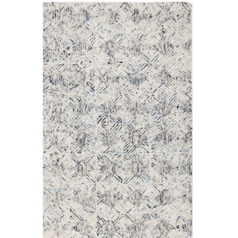 Tapis bleu / ivoire en laine touffeté à la main à motif géométrique, Rectangle 5 pi x 8 pi