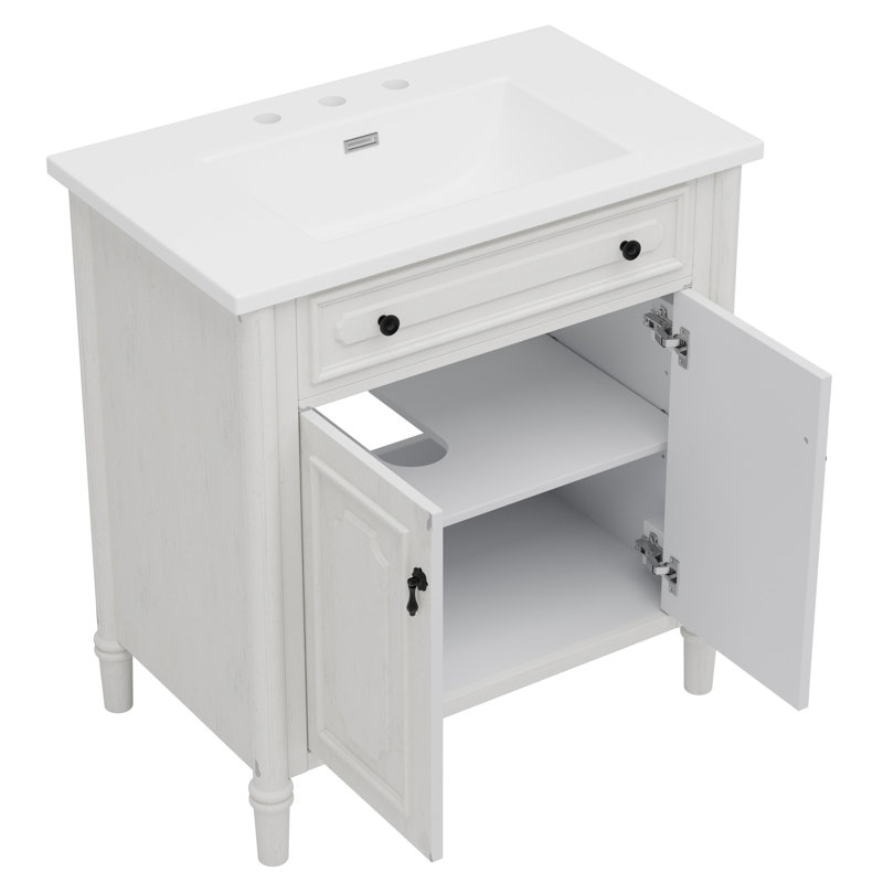 Meuble-lavabo de style rétro de 31 po avec finition, cadre et tracas vieillis - Portes rétro à fermeture en douceur de 31 po, conception de tiroir, pieds en bois massif