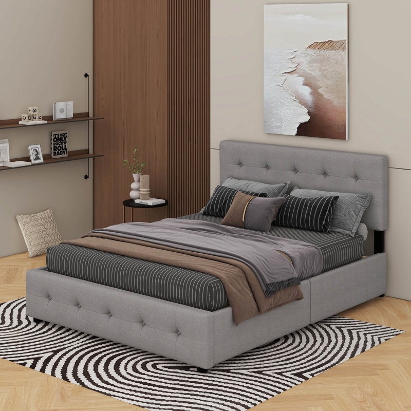 Grand lit plateforme tapissier avec 2 tiroirs et un lit gigogne, Gris clair