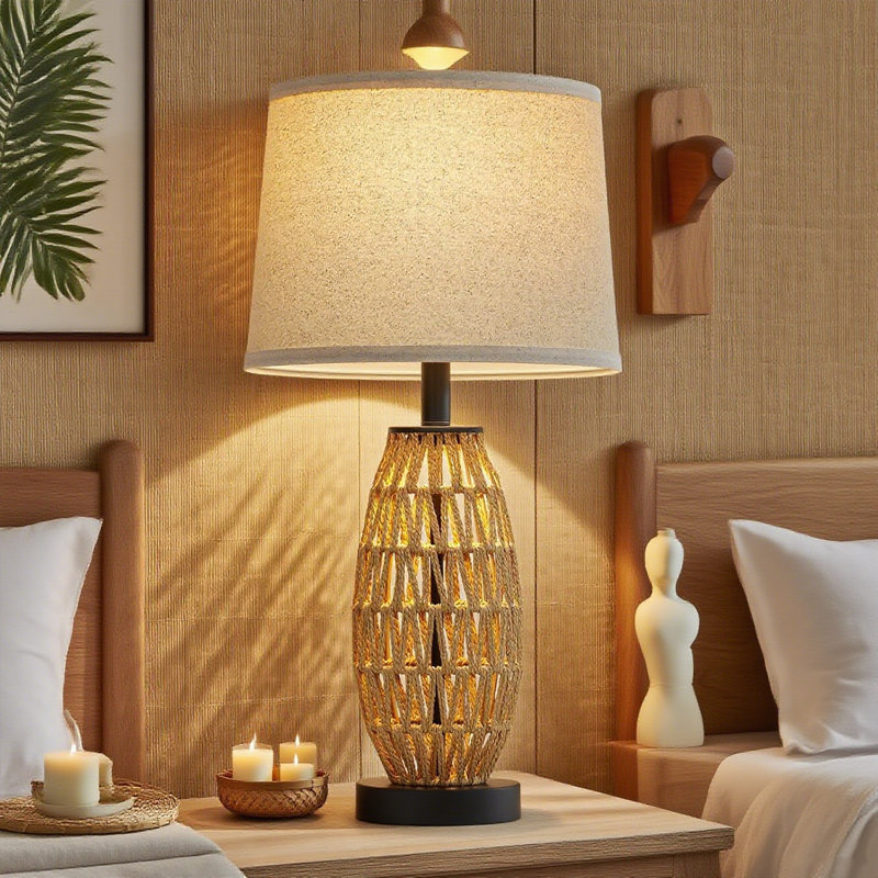 27/" Boho Rattan Table Lamp With Night Light, USB A+C Charging Port & AC Outlet, Woven Bedside Lamp For Bedroom And Living Room