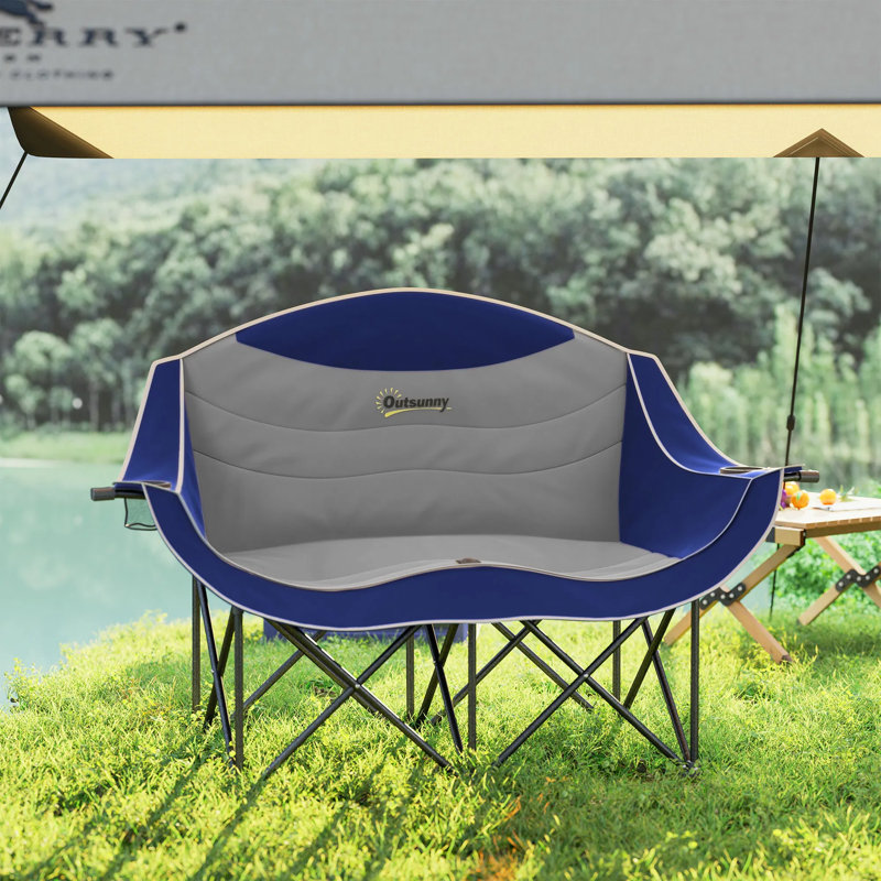 Padded Folding Camping Loveseat For Two - Double Camp Chair With Armrests, Cup Holders & Carry Bag, 600d Oxford Fabric, Supports 551 Lbs For Outdoor, Patio & Backpacking