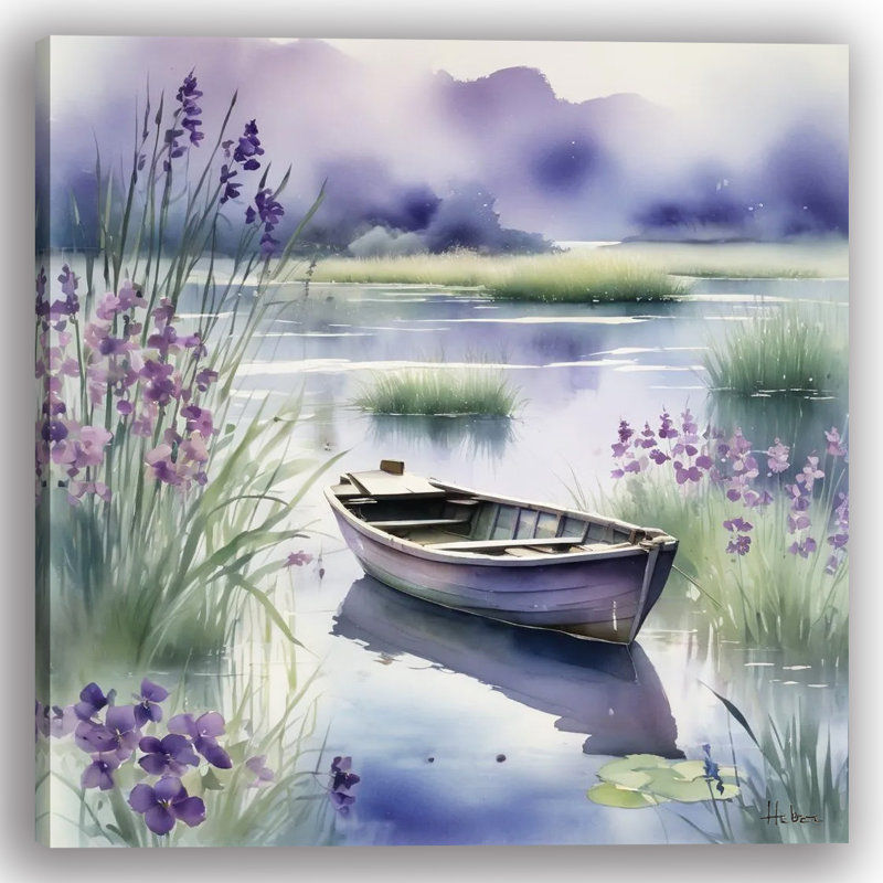 «Tranquil Morning on the Lake with Flowers and Boat», art mural sur toile, H 20 po x l 20 po x P 1,5 po