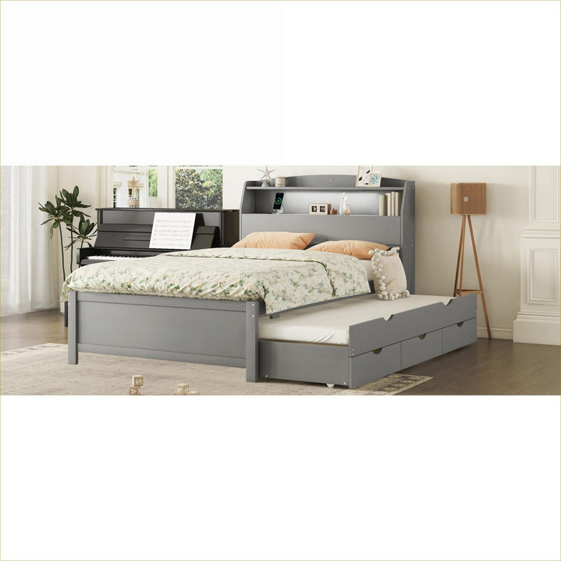 Wooden Full Size Platform Bed Upholstered Slate Gray with Built-in LED, Pull-Out Trundle and Storage Drawers