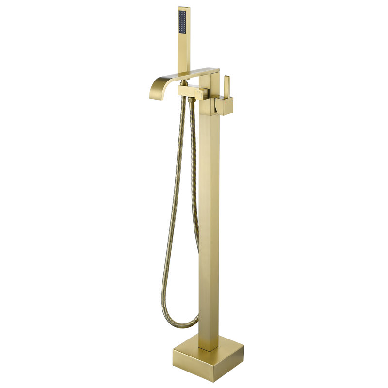 Robinet de baignoire autoportant à poignée simple avec garniture de baignoire au pied avec douche à main au fini or brossé