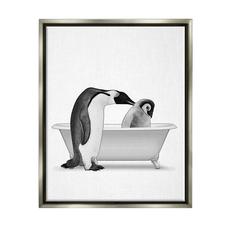 «Penguin & Chick Bathroom Tub» par Annalisa Latella, impression, H 21 po x l 17 po x P 1,7 po, Cadre flottant gris lustré