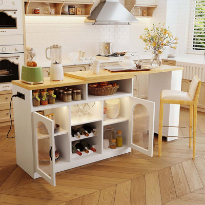 Buffet avec plateau de table extensible, support à vin, éclairage à DEL et prise de courant, armoire à vin mobile sur roulettes