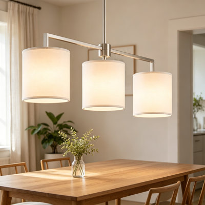 Luminaire pour îlot de cuisine à 3 lumières en nickel brossé avec abat-jour cylindrique en lin, lustre linéaire moderne pour salle à manger, cuisine, bar, hauteur de suspension réglable