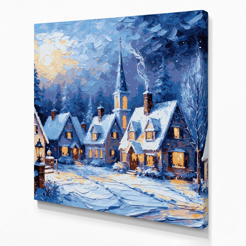 «Christmas Snowy village at twilight», art mural sur toile bleue