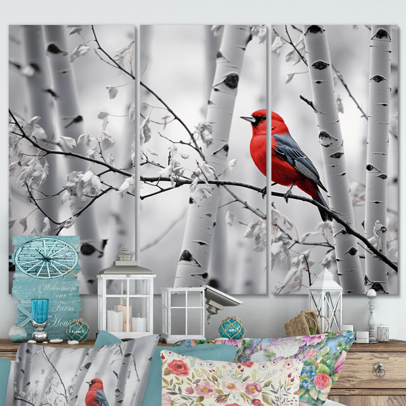 Reproduction de 3 pièces monochromes rouge et gris sur forêt II sur toile, H 28 po x l 36 po x P 1 po