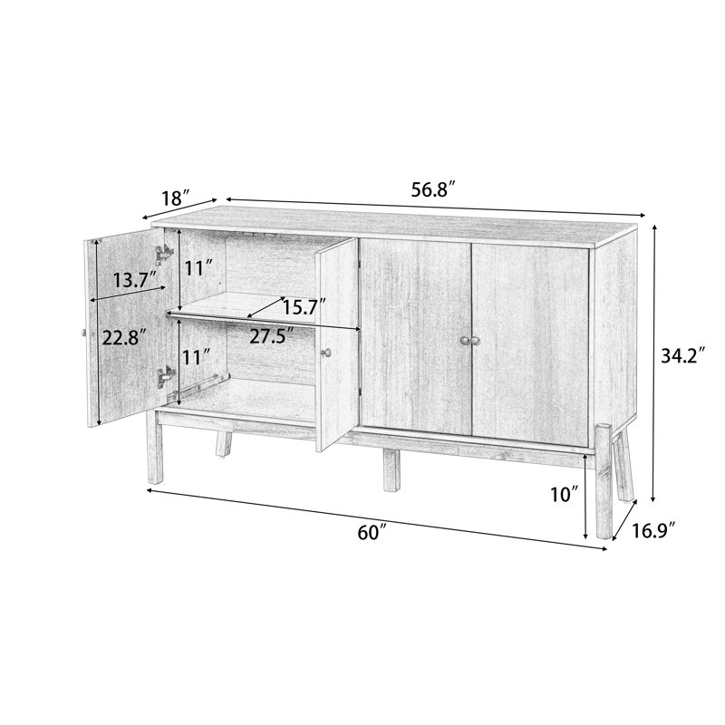 60" Wide 4 - Door Filing Credenza Office Storage Cabinets With Adjustable Shelves, Brown