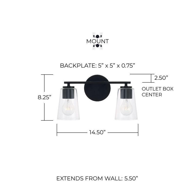 2 - Light Dimmable Vanity Light, Matte Black