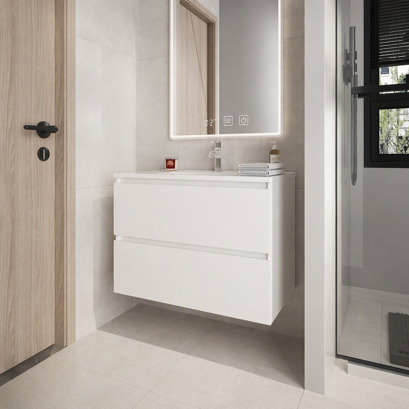 Meuble-lavabo flottant blanc avec deux tiroirs et lavabo