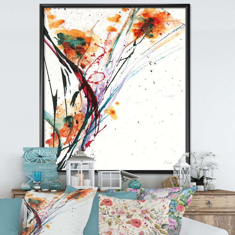 Cadre photo « abstract handpainted orange florals », reproduction sur toile, H 46 po x l 36 po x P 1,5 po, Cadre noir