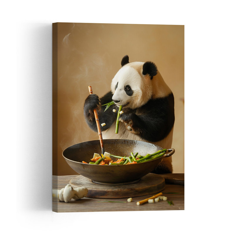 Panda Cooks Stir-Fry Contemporary Bamboo Panda Wall Art Print 1 Piece Wrapped Canvas Wall Art, 60.96cm H x 40.64cm W