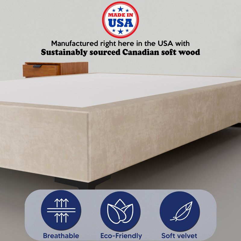 Makailah 15" Premium Velvet Material Wood Box Spring/Bed Frame, Durable, Stylish, Multi Color, California King, Beige