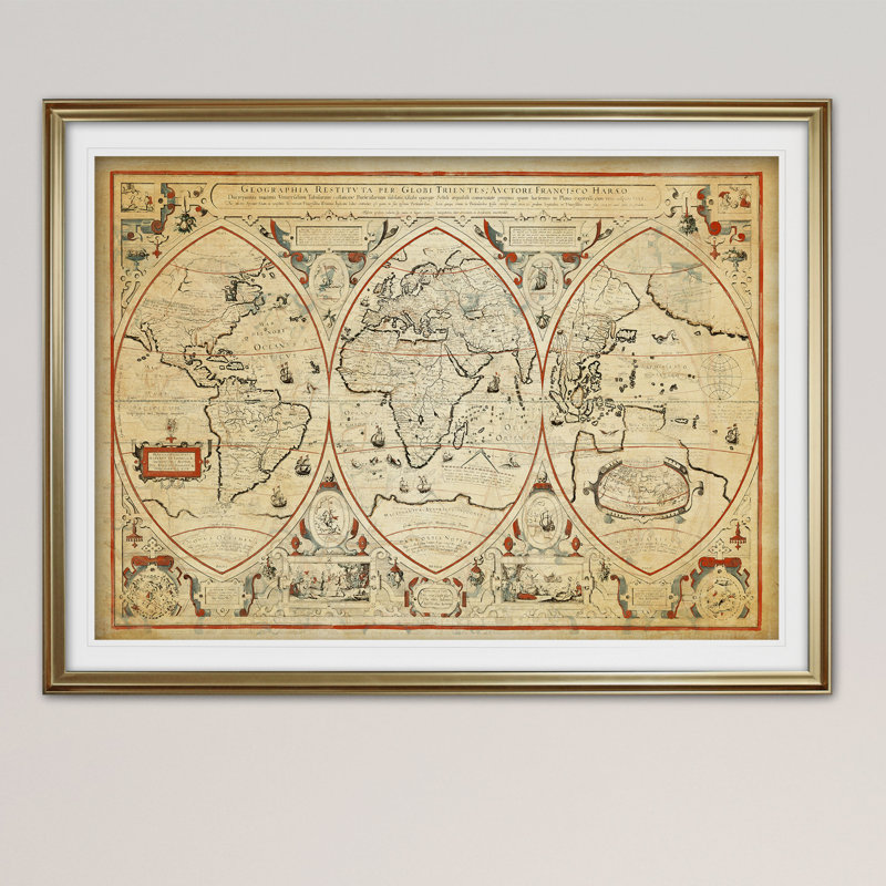 « rétro carte du monde iii », impression, H 20 po x l 24 po x P 1,5 po, Cadre noir