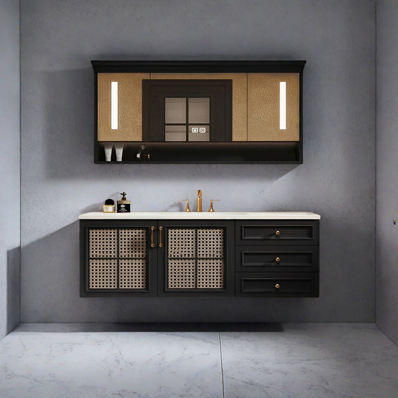 Armoire de salle de bain en rotin de style rétro, H 21,65 po x l 55,11 po x P 21,65 po