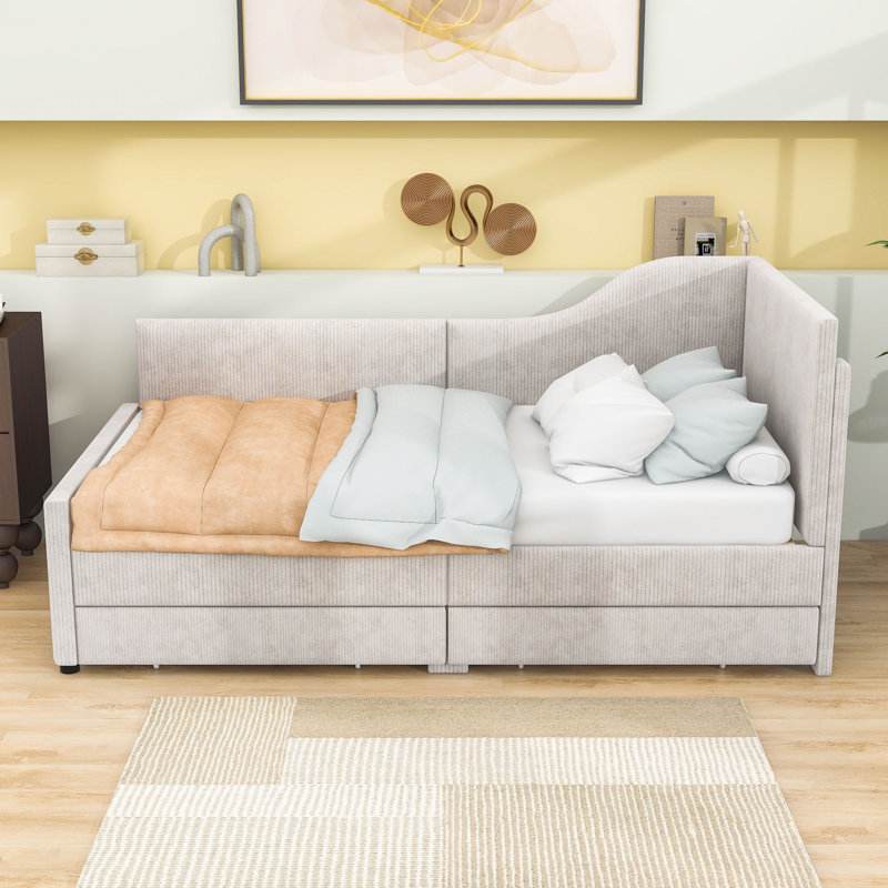 Twin Wood L-Shaped Upholstered Bed with Drawers, Beige
