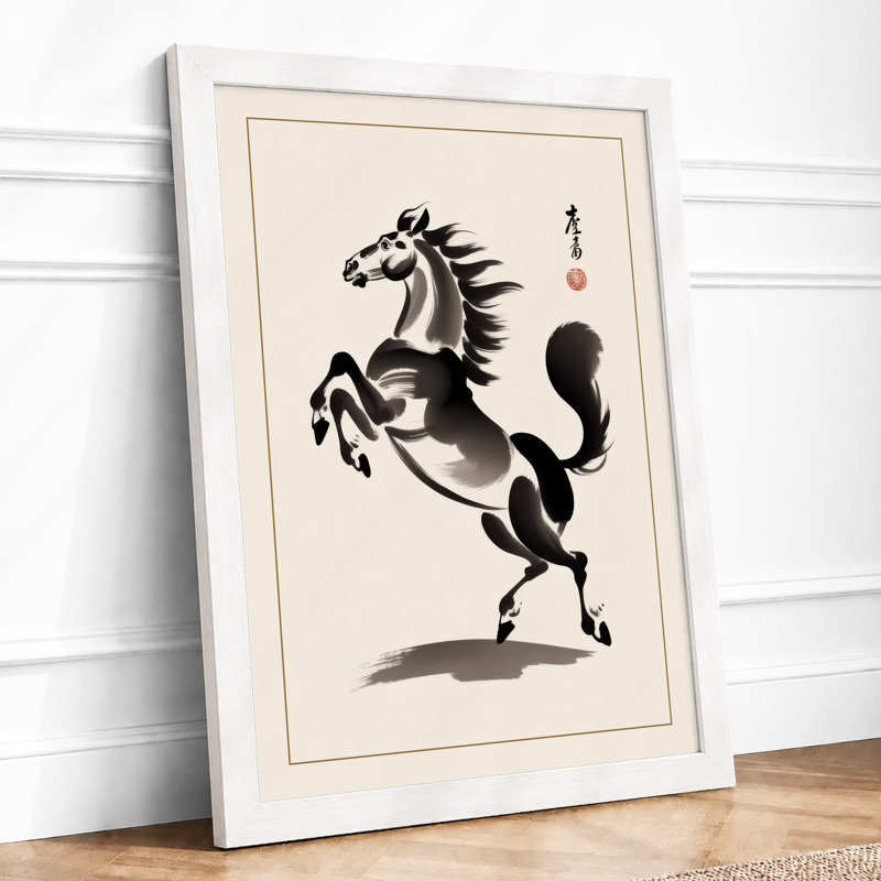 Rearing Horse in Ink Japandi - Framed Print, A4 - 29.7 x 21.0 cm, White