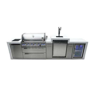 Mont Alpi 142"W Stainless Steel Deluxe Modular Outdoor Kitchen Island with Refrigerator + 3 Tap Kegerator Fridge Dispenser + 44"W 6-Burner BBQ Grill + Granite Countertops + Storage Cabinets & Drawers