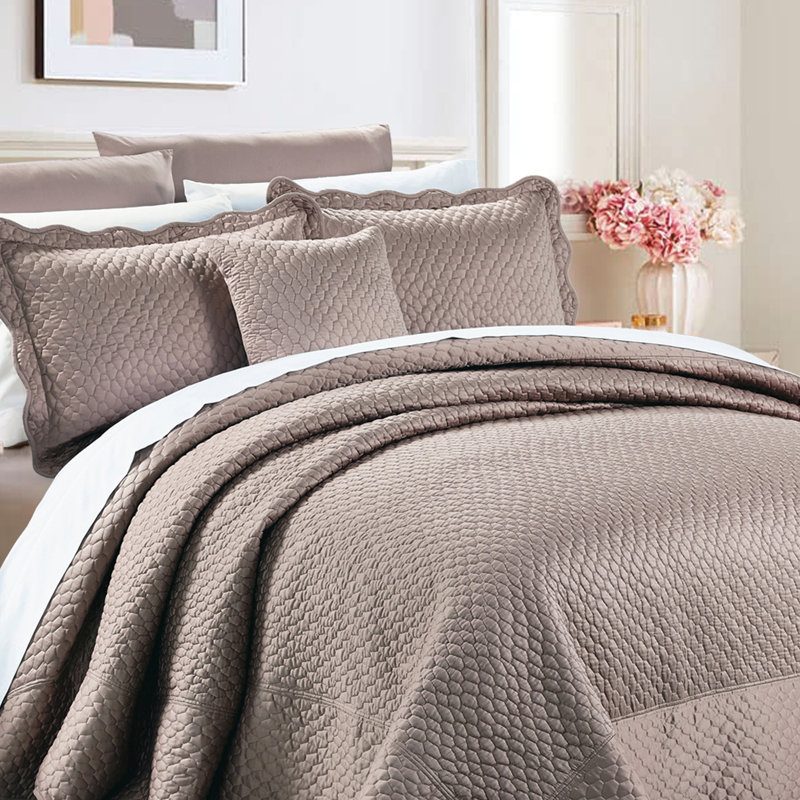 4 Piece Matte Satin Bedspread Set, Queen Comforter + 3 Additional Pieces, Taupe