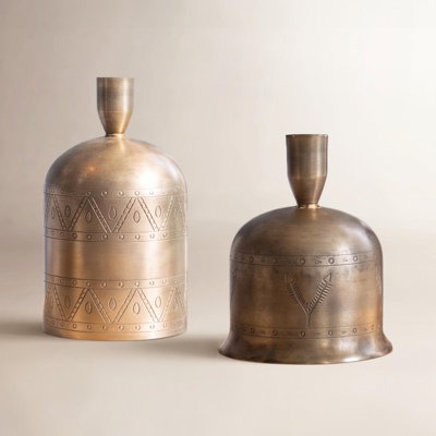 SET OF TWO ANTIQUE BRASS BELL TAPER CANDLE HOLDERS
