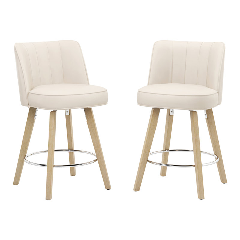 Norflett Solid Wood Swivel Counter Stool, Ivory Seat/ Brushed Frame