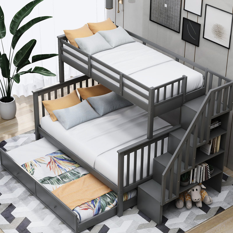 Gray Bunk Bed With Twin Over Full Setup, Trundle, And Handy Storage Arrangement, Functional Space, Gray