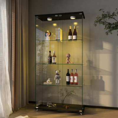 Vitrine à 2 portes et 4 tablettes en verre trempé avec lumières DEL réglables, assemblage rapide, noir, convient au salon et à la chambre à coucher, H 64,29 po x L 32,37 po, l 14,49 po, charge de 45 livres par ensemble