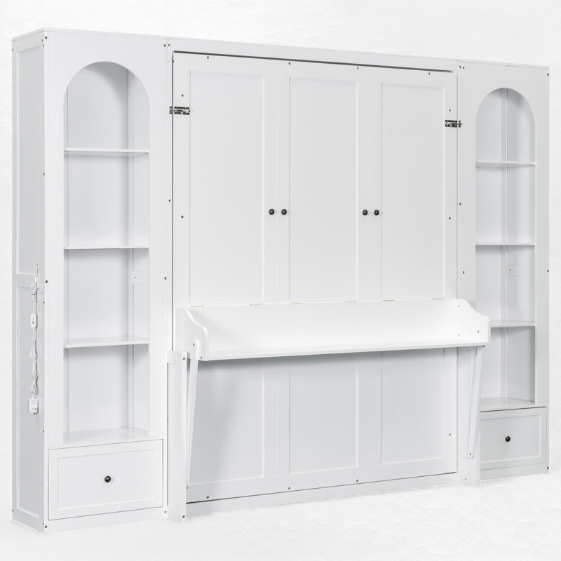 Queen Size Murphy Bed With Storage And LED Light, White